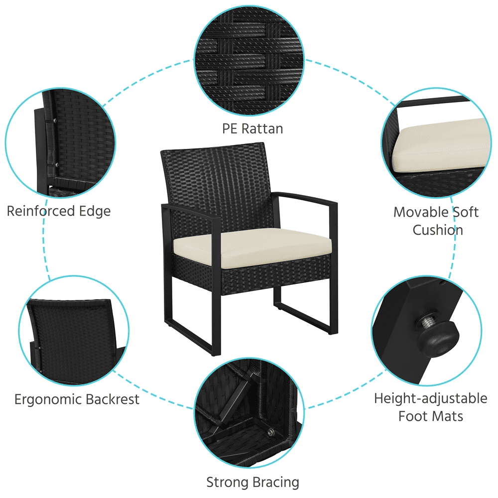 Renwick 3-Piece Patio Bistro Set with 2 PE Rattan Chairs and Table, Black/Beige