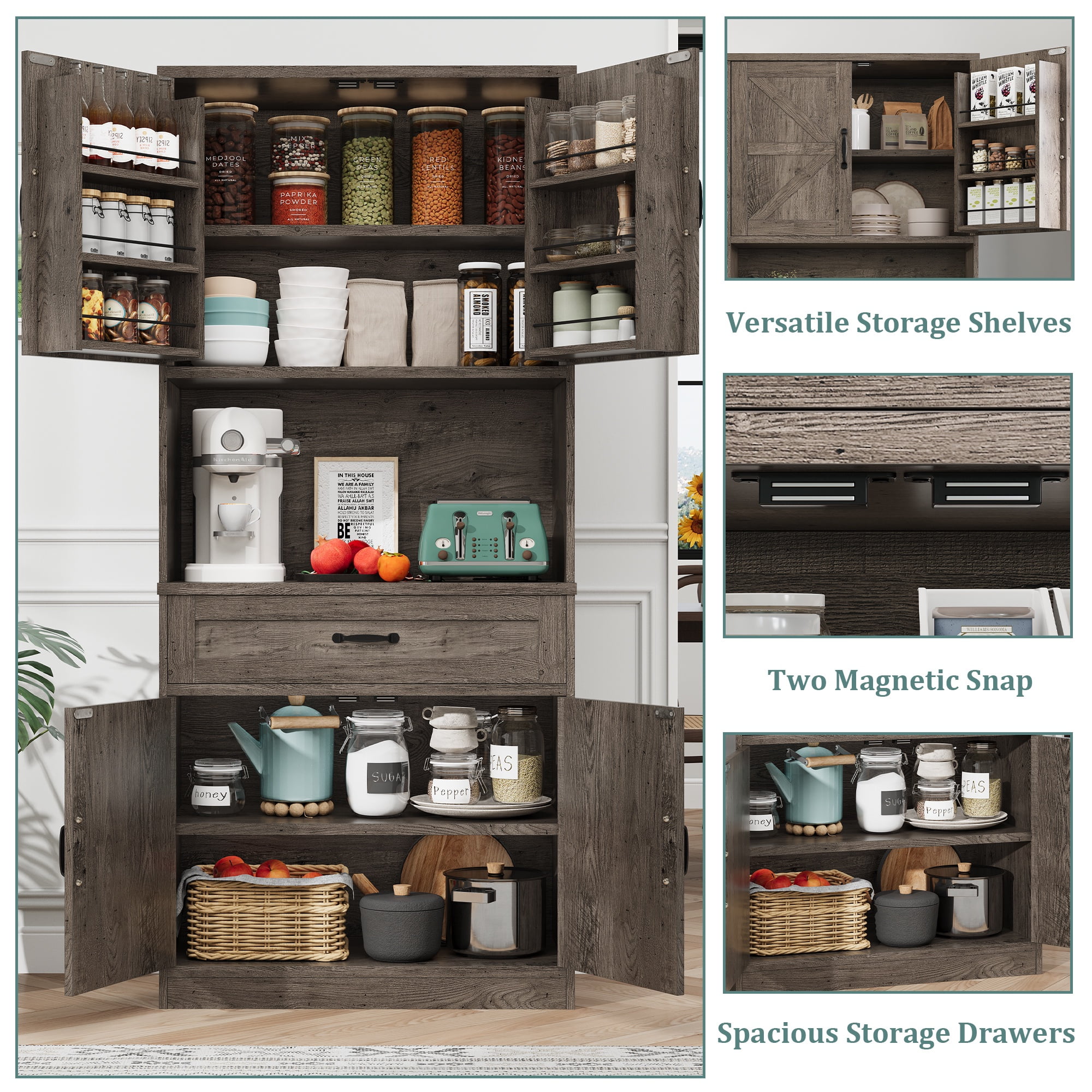 PPorfamilia 71-Inch Farmhouse Kitchen Pantry Storage Cabinet with Drawer and Charging Station, Oak