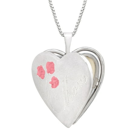 Sterling Silver Mop - 'Mom' Heart Locket Pendant Necklace with Roses in Sterling Silver