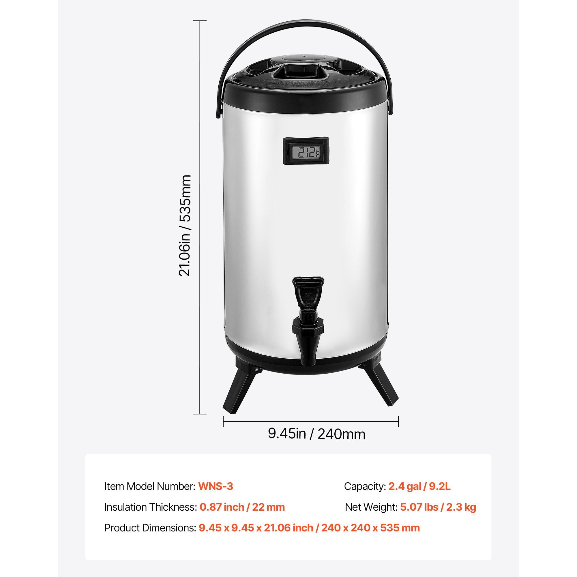 2.4 Gallon Insulated Beverage Dispenser with Temp Display, 304 Stainless Steel, Hot/Cold Insulation, Drip-Free Spigot for Cafes Restaurants