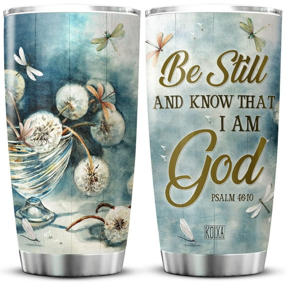 Dragonfly Dandelion Tumbler For Women 20oz Be Still And Know That I Am God Mug With Lid Christian Gift Items Insulated Coffee Cup Taraxacum Flower Dandelion Themed Gifts