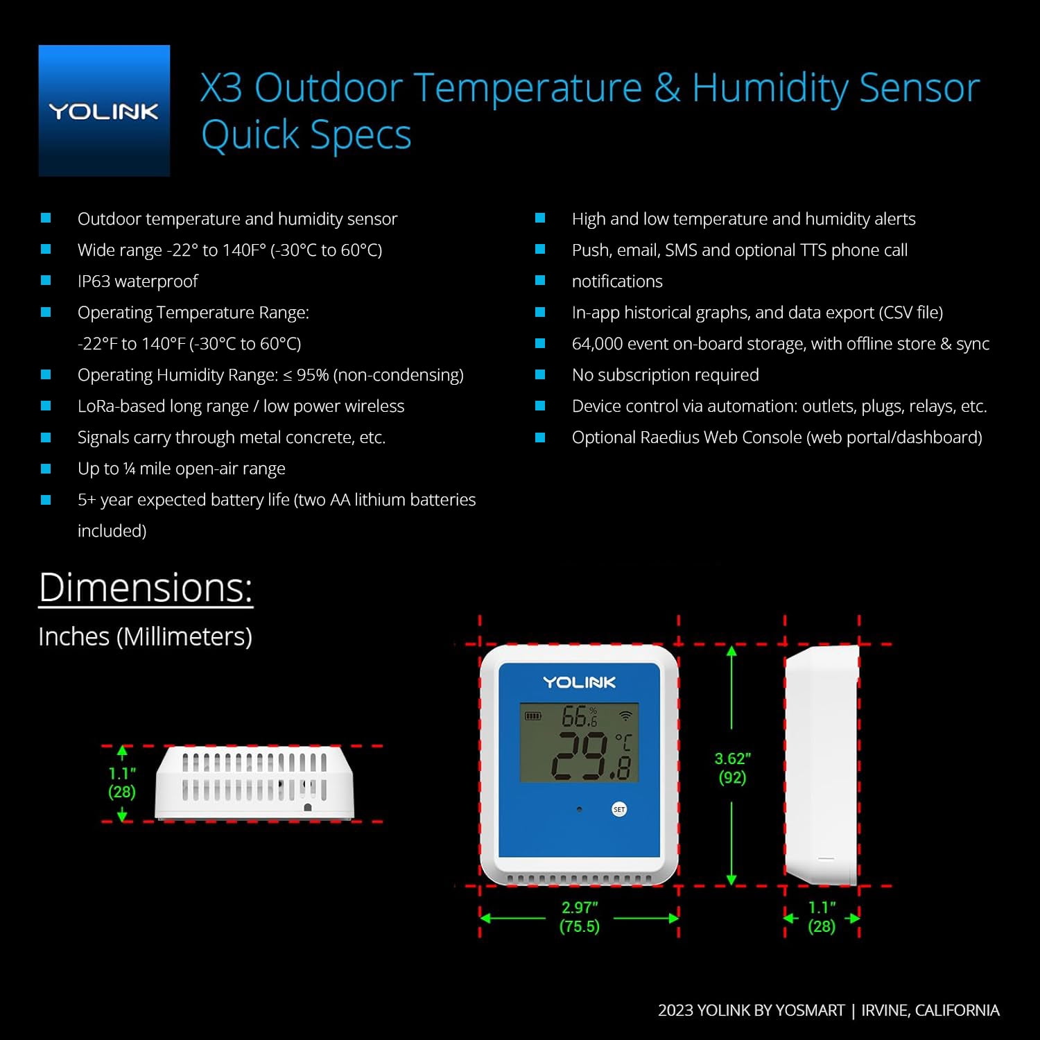 YoLink X3 Temperature & Humidity data logger, Hygrometer, Thermometer, 1/4 Mile Range, 5 Years Battery Life, Emails/Text/App Alerts. Pet Cage, Freezer, Greenhouse. 4G LTE Cellular Hub Included