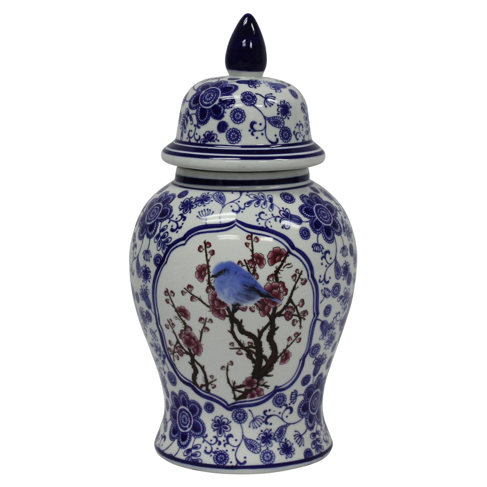 Sagebrook Home Decorative Ceramic Temple Jar with Blue Bird