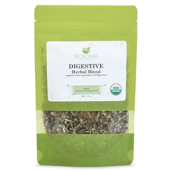 Biokoma Pure and Organic Digestive Herbal Blend 50g 1.76oz in Resealable Moisture Proof Pouch, USDA Certified Organic - Herbal Tea, No Additives, No Preservatives, No GMO