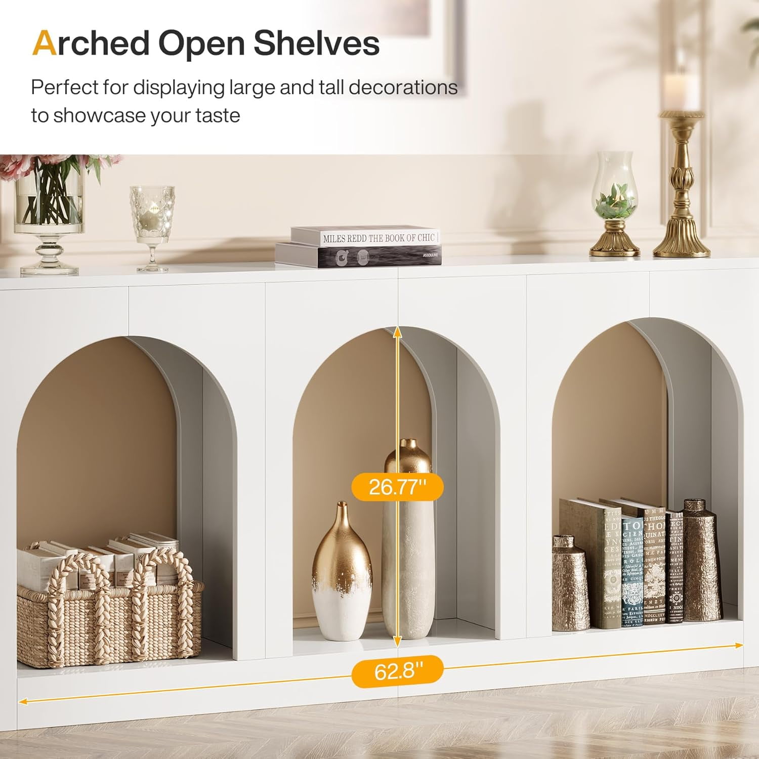 Tribesigns 70.9" White Console Entryway Table: Inviting Design with Three Arched Shelves, Offering Spacious Storage for Foyer, Living Room, Behind Sofa