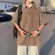 thumbnail image 5 of Camisa de manga corta bordada con cremallera para hombre Blusa informal simple con cuello vuelto para fiesta de citas Marrón L, 5 of 8