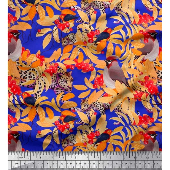 Soimoi Cotton Jersey Fabric Leopard,Band Tailed Manakin & Bohemian Waxwing Bird Decor Fabric Printed Yard 58 Inch Wide