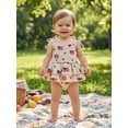 thumbnail image 6 of BemeyourBBs Newborn Baby Girl 4th of July Outfit Patriotic Romper Dress Independent Day Clothes Cotton Linen Fourth of July Heart American Flag Print Sleeveless Strap Tie-up Ruffle Bodysuit Dress, 6 of 9