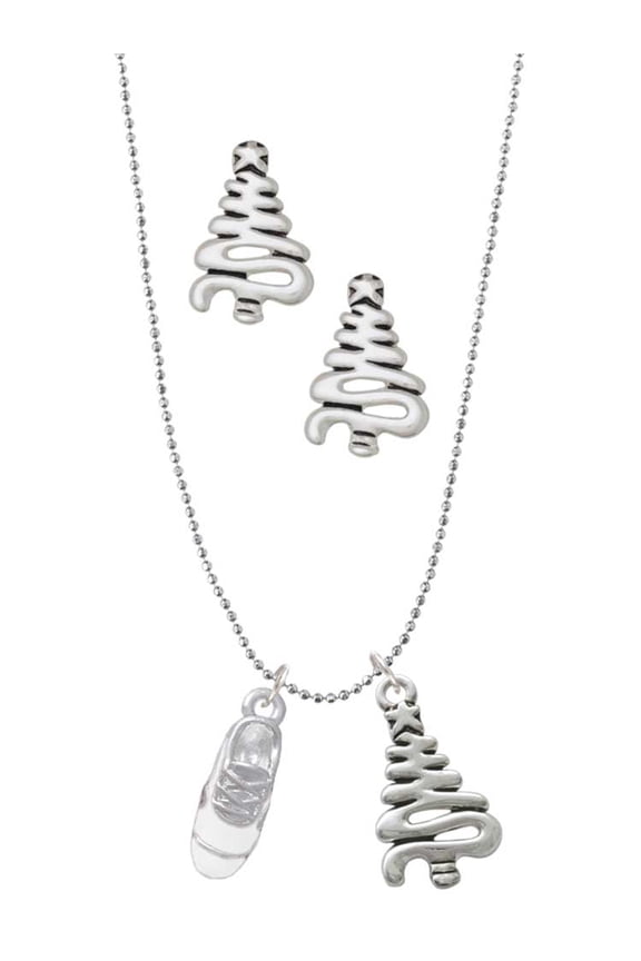 Silvertone 3-D White Running Shoe Silver tone Zig Zag Christmas Tree Charm Necklace and Stud Earrings