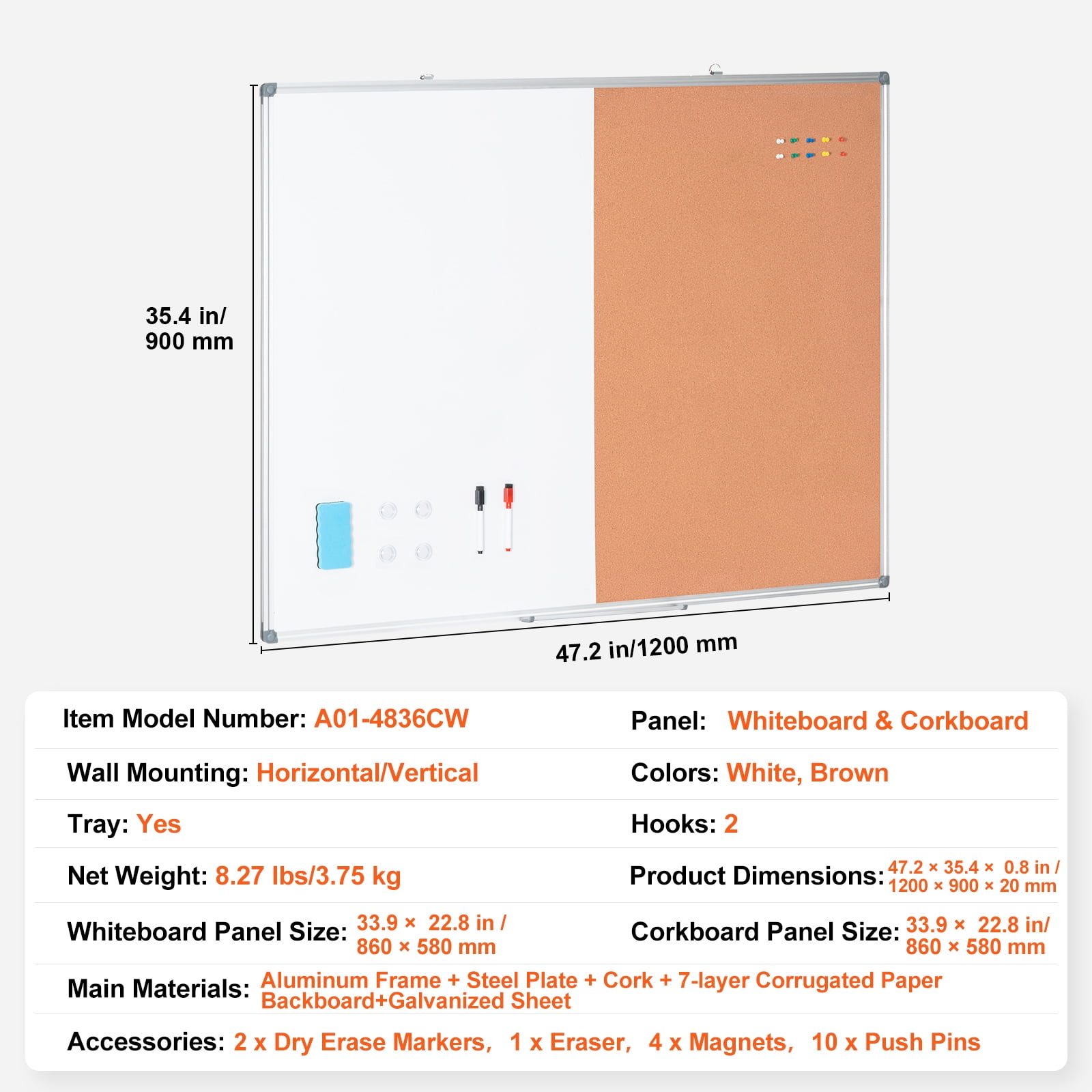 KFFKFF 48"x 36" Dual-Function Whiteboard & Cork Board with Aluminum Border – Magnetic Dry Erase Notice Board for Wall Installation – Suitable for Educational Institutions, Residences, Workplaces