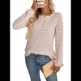 thumbnail image 3 of Camiseta Informal de Punto de Larga con Cuello Redondo y Botones A Rayas para Mujer Albaricoque M, 3 of 10