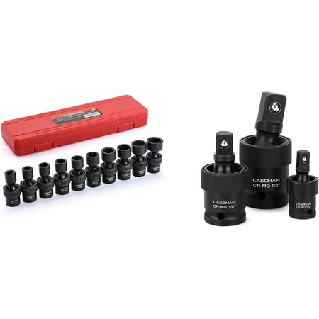 

Set of 10 standard universal impact sockets 3/8 6 point Cr-Mo metric 10-19Mm and set of 3 universal impact sockets - 1/4 3/8 and 1/2 Drive