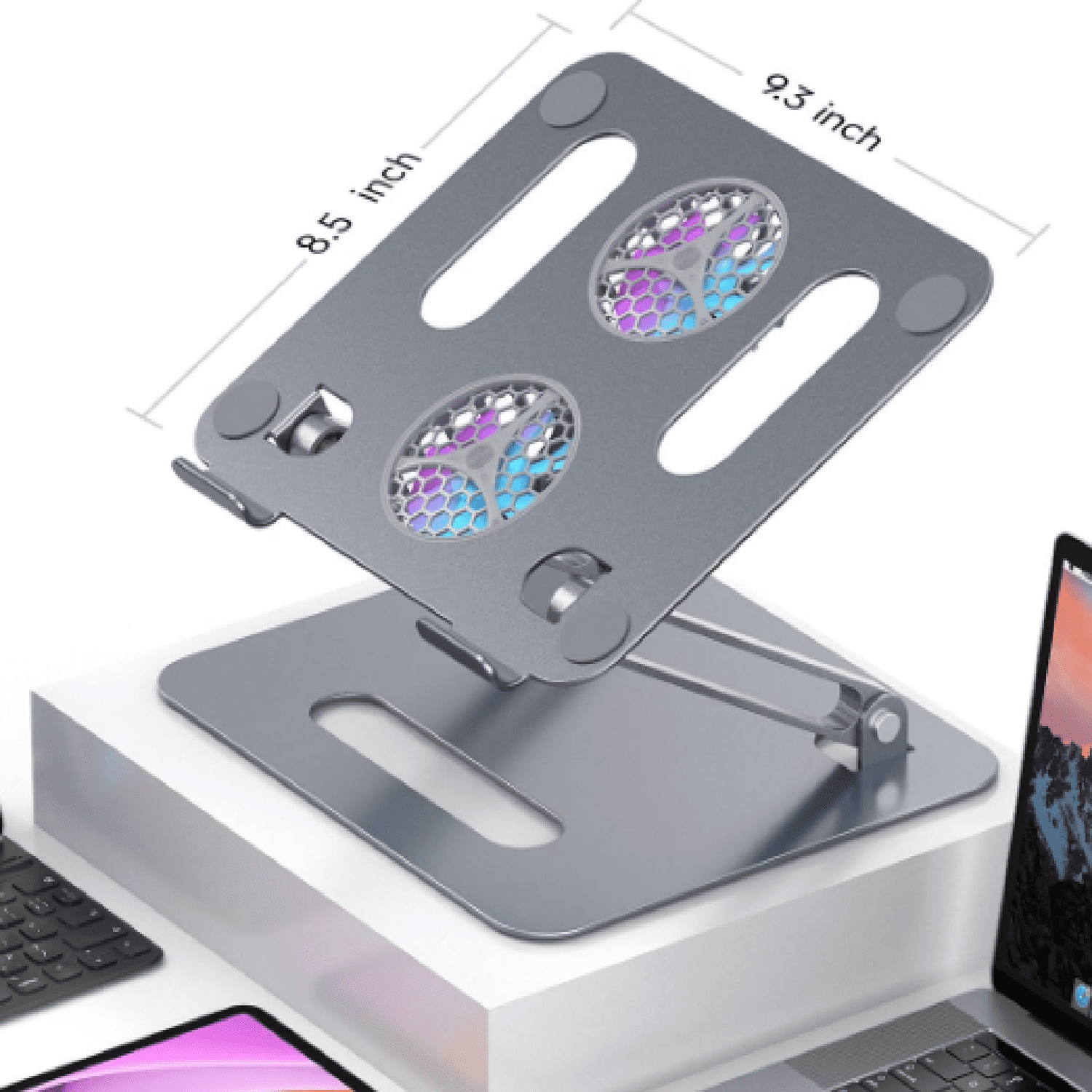 Adjustable Laptop Cooling Stand with 2 Quiet Fans & RGB Lighting, Aluminum Alloy & Foldable Ergonomic Design for MacBook