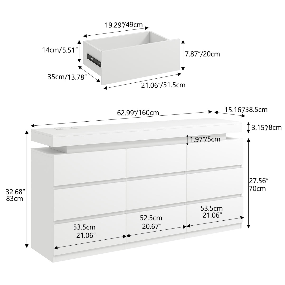 Modern 9-Drawer Dresser with Power Outlet - Storage Cabinet with LED Lights, Wide Chest of Drawers with Charging Station, Organizer for Bedroom, Closet, Living Room