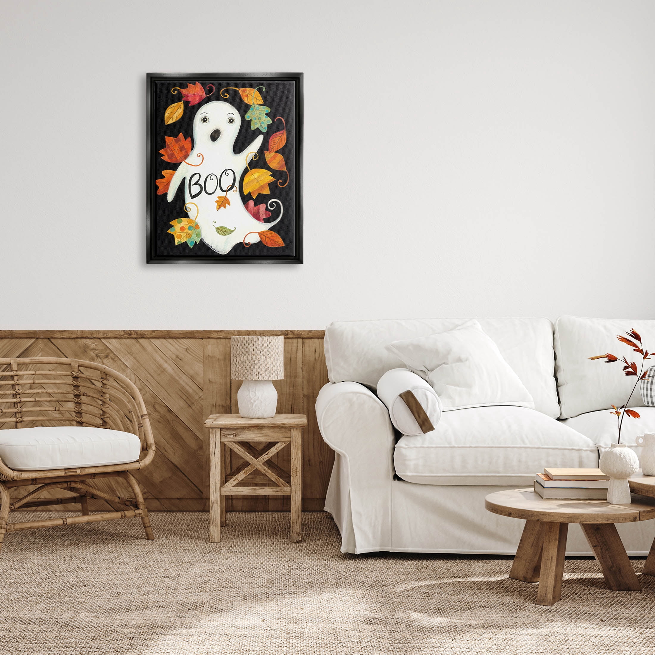 Vintage Boo Ghost Patterned Leaves Holiday Graphic Art Jet Black Framed Art Print Wall Art