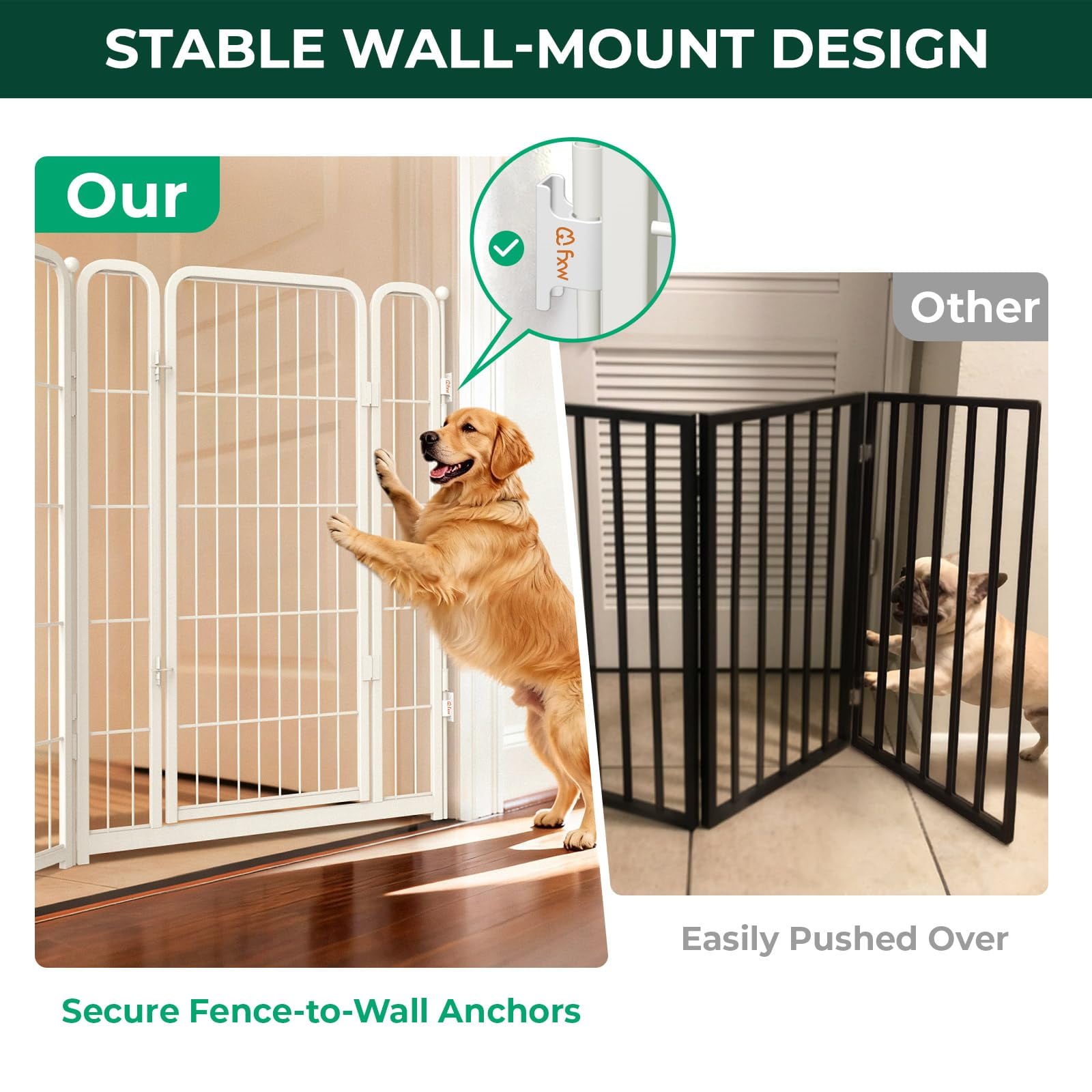 FXW Dog Gate Extra Wide Designed for Indoor Use, Adjustable Width Up to 111-inch Wide (40" H 4 Wire Panels for Medium and Large Dogs), White