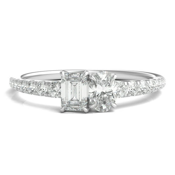 1.50 Ct Oval & Emerald Cut Toi et Moi Ring Certified Moissanite Diamond Ring Solid 14K White Gold Finish Comfort Fit Wedding Ring for Women