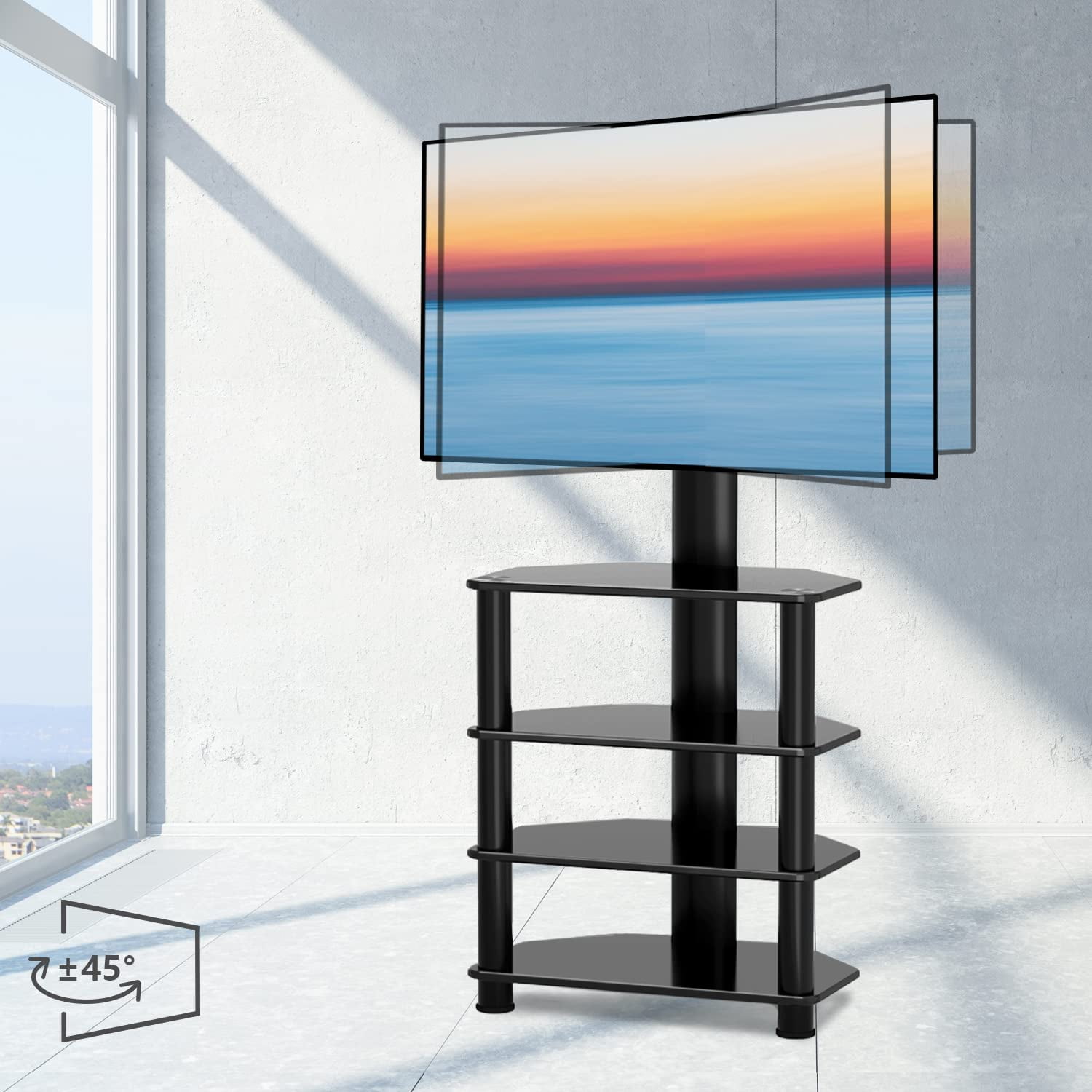 TAVR Furniture Black Corner TV Stand with Swivel Mount for TVs up to 55 inch 4 tier shelves