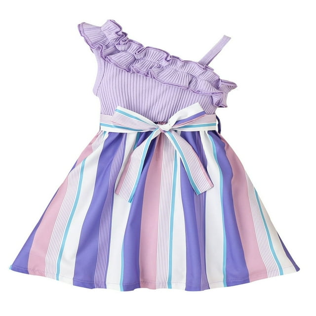 PENGXIANG Kids Girl Summer Dresses One Shoulder Striped Ruffled Princess A-Lined Party High Waist Dress