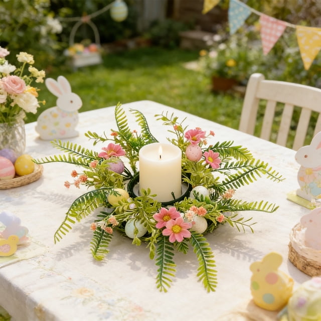 Dvkptbk Easter Candle Rings Holder Wreaths Spring Pastel Eggs Flowers Candle Holder Rings for Spring Easter Rustic Table Centerpiece Decor