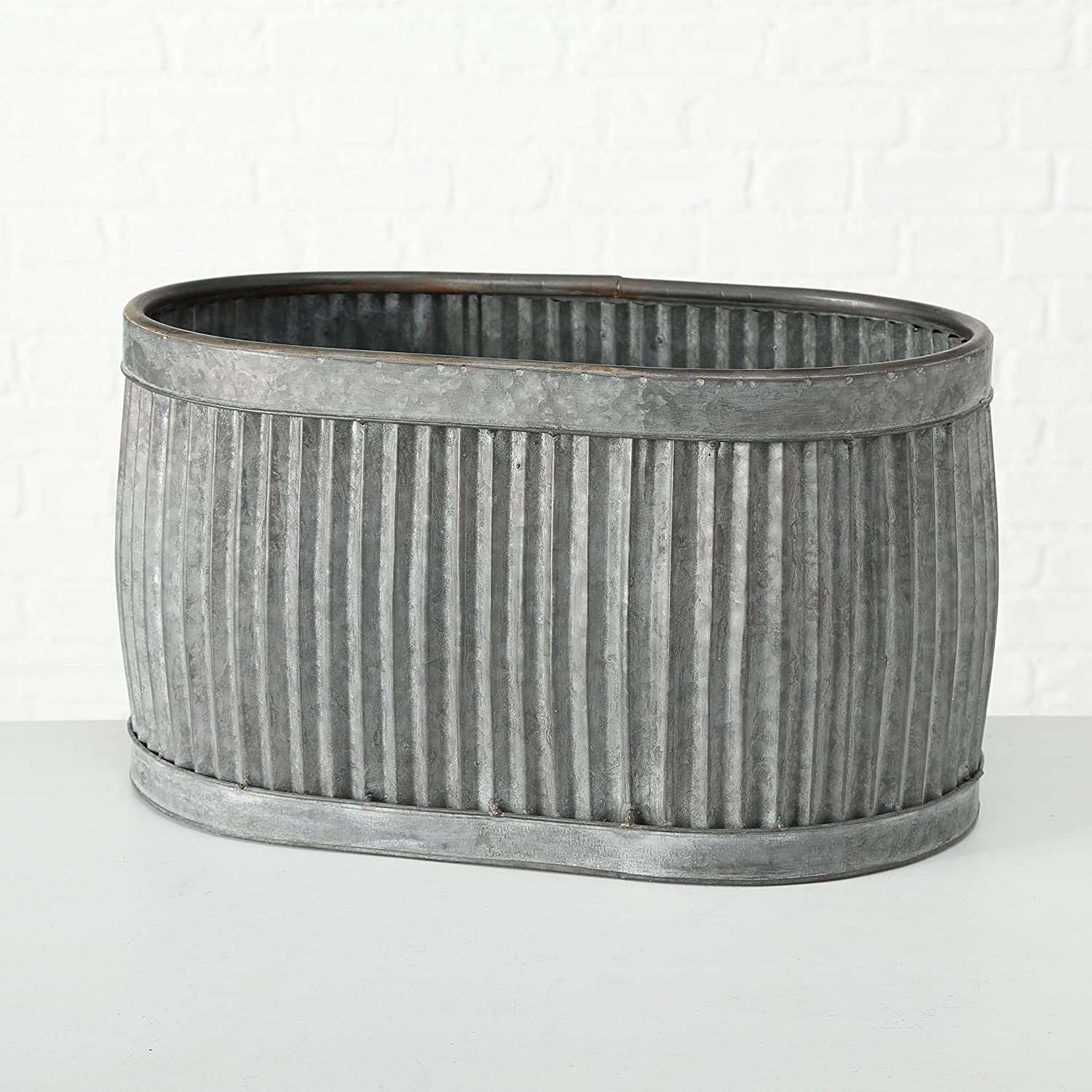 WHW French Country Style Oval Belly Planters, Set of 3, Gray, Galvanized Metal, Corrugated Cache Pots, 24.5, 20 and 14.5 inches