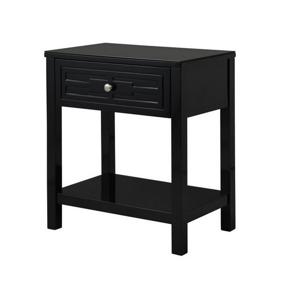Benjara Fimo 27 Inch Nightstand with Drawer and Shelf, Glass Top, Modern Black Wood