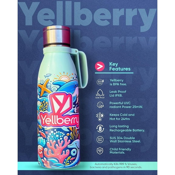 Yellberry Aqua ELSHA Self-Cleaning Smart Water Bottle, 17oz Green, UV-C Purifying Lid, BPA-Free, USB Rechargeable, Leak-Proof & Kid-Friendly