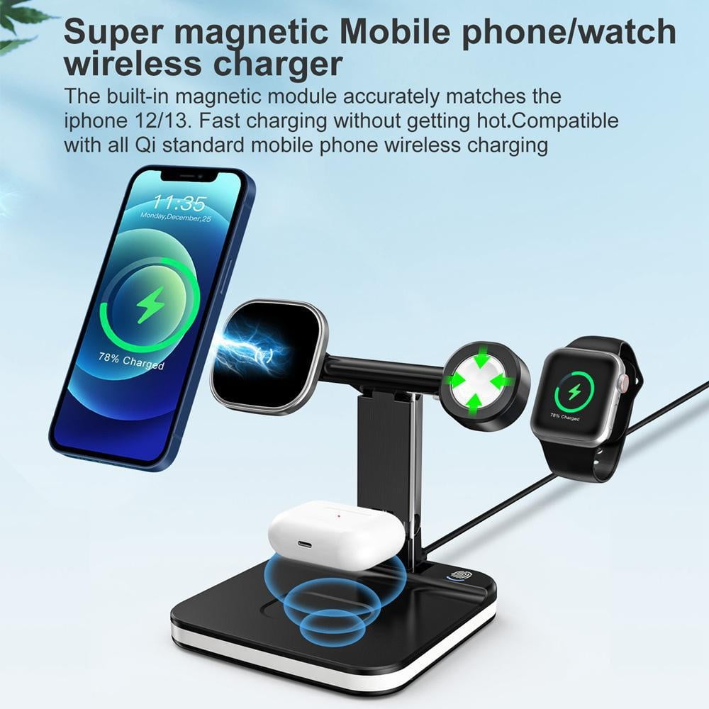 Qi Wireless Charger Dock Stand With intelligent night light For iPhone For Apple Watch Airpods For Samsung Galaxy S24 S23 S22 S22Plus S21 Ultra S20 note20 and ALL Qi-Standard Smartphones