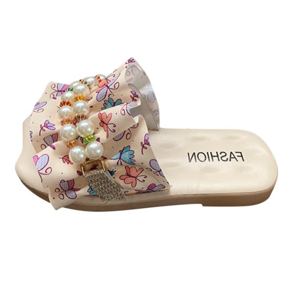 NOKIO Children Girls Pearl Ruffle Sandals - Floral Embroidery Flip Flops with Arch Support, Fashion Flat Slippers for Girls Beach Outings & Summer Casual Wear