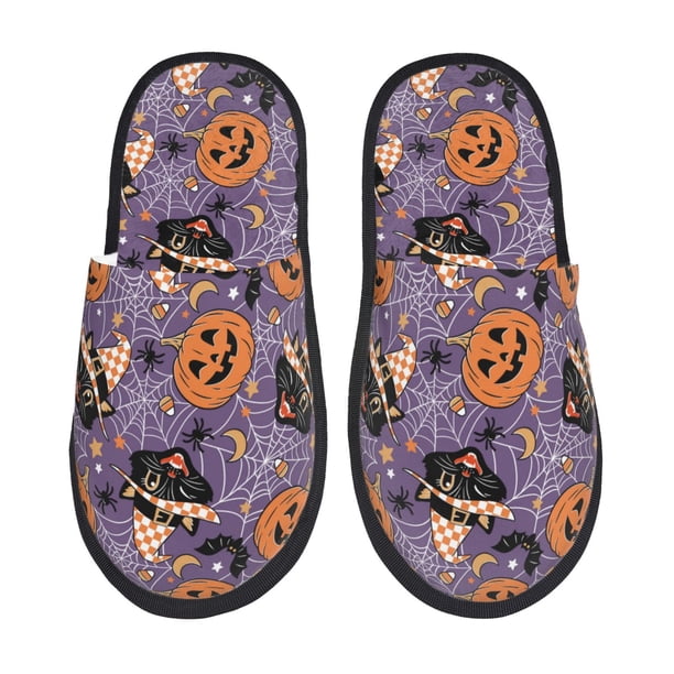 Fotbe Vintage Halloween Black Cat Pantuflas Peludas para Mujer con Estampado, Zapatillas de Peluche, Zapatos de Invierno para Casa, Uso Interior y Exterior-Medium