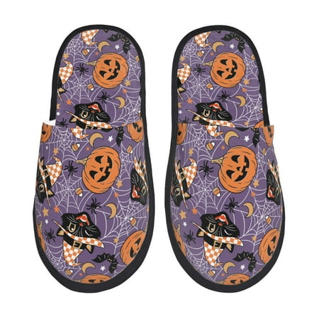 Balery Vintage Halloween Black Cat Slient Indoor Furry Fleece Comfort House Shoes Soft Non-Slip Home Shoes Cotton slippers House Slippers-- Medium