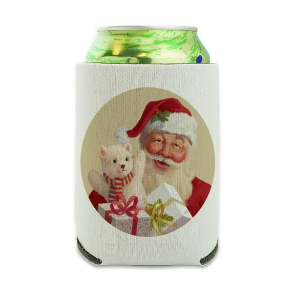Christmas Holiday Santa and His Buddy Teddy Can Cooler - Drink Sleeve Hugger Collapsible Insulator - Beverage Insulated Holder