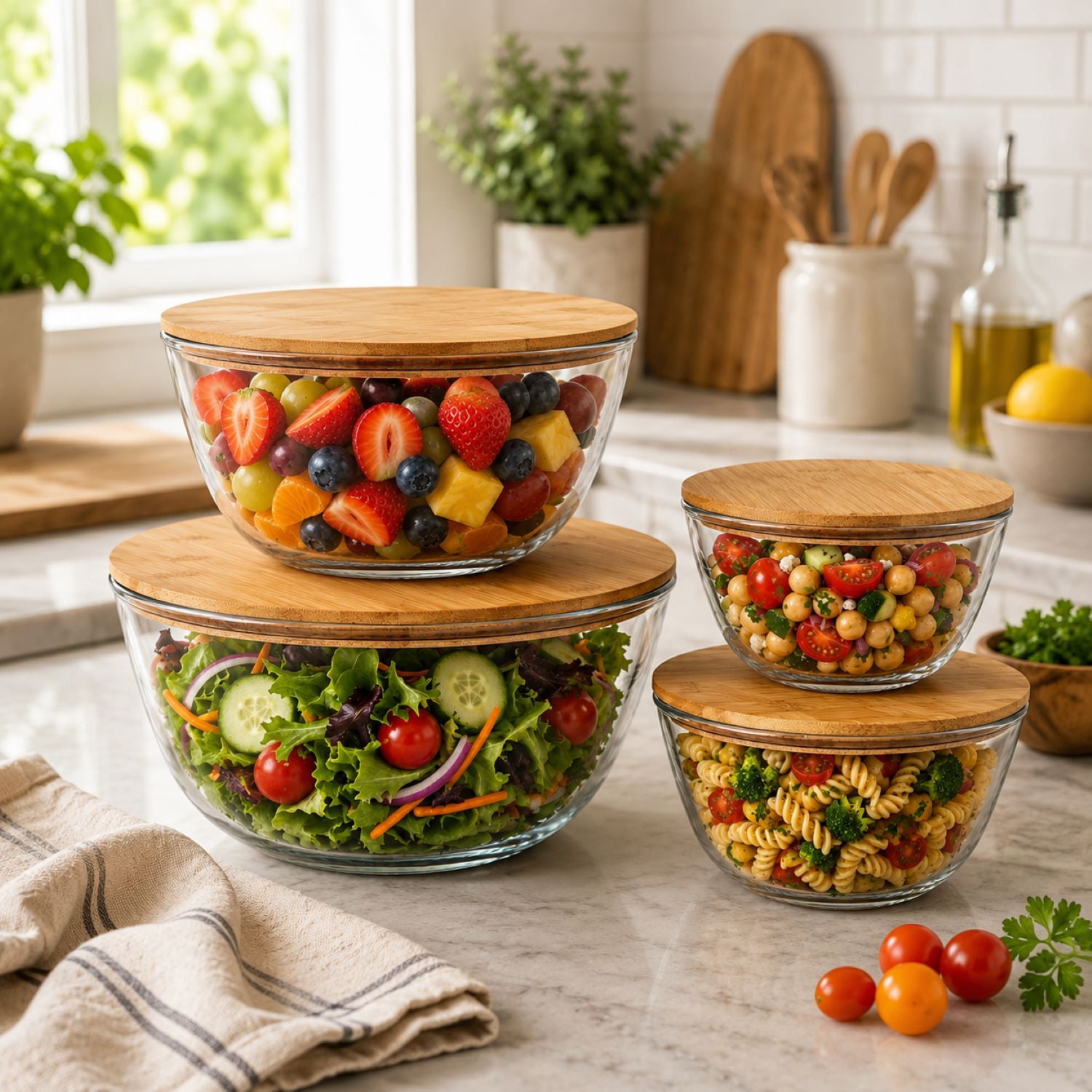 Sorbus 4-Piece Glass Mixing Bowl Set with Airtight Bamboo Lids, Assorted Sizes, Nesting Storage Bowls