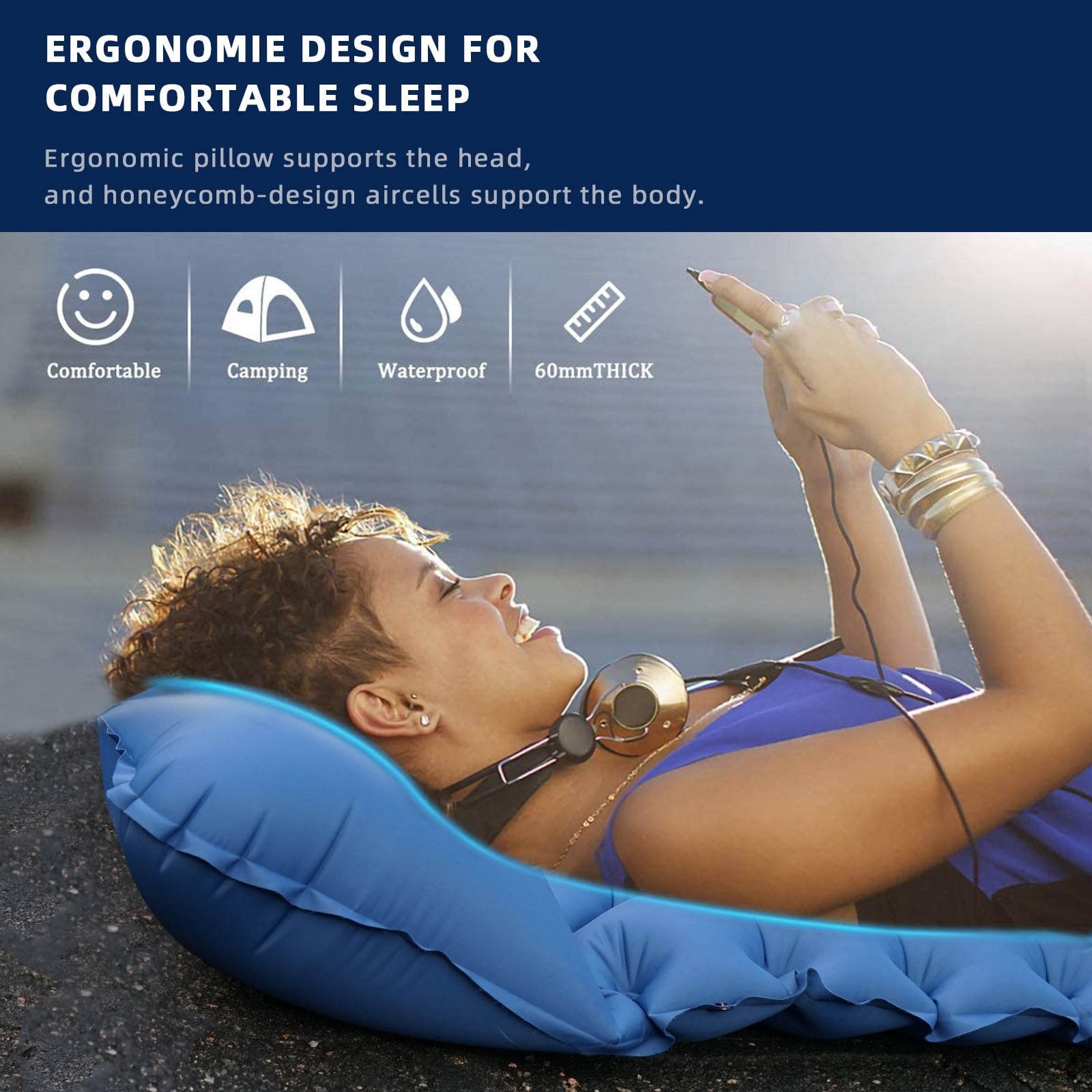 CHUNYAN Ultra-light self-inflatable double mattress Thickened sleeping mattress Spliced inflatable bed Beach Picnic Travel Camping tent air mattress