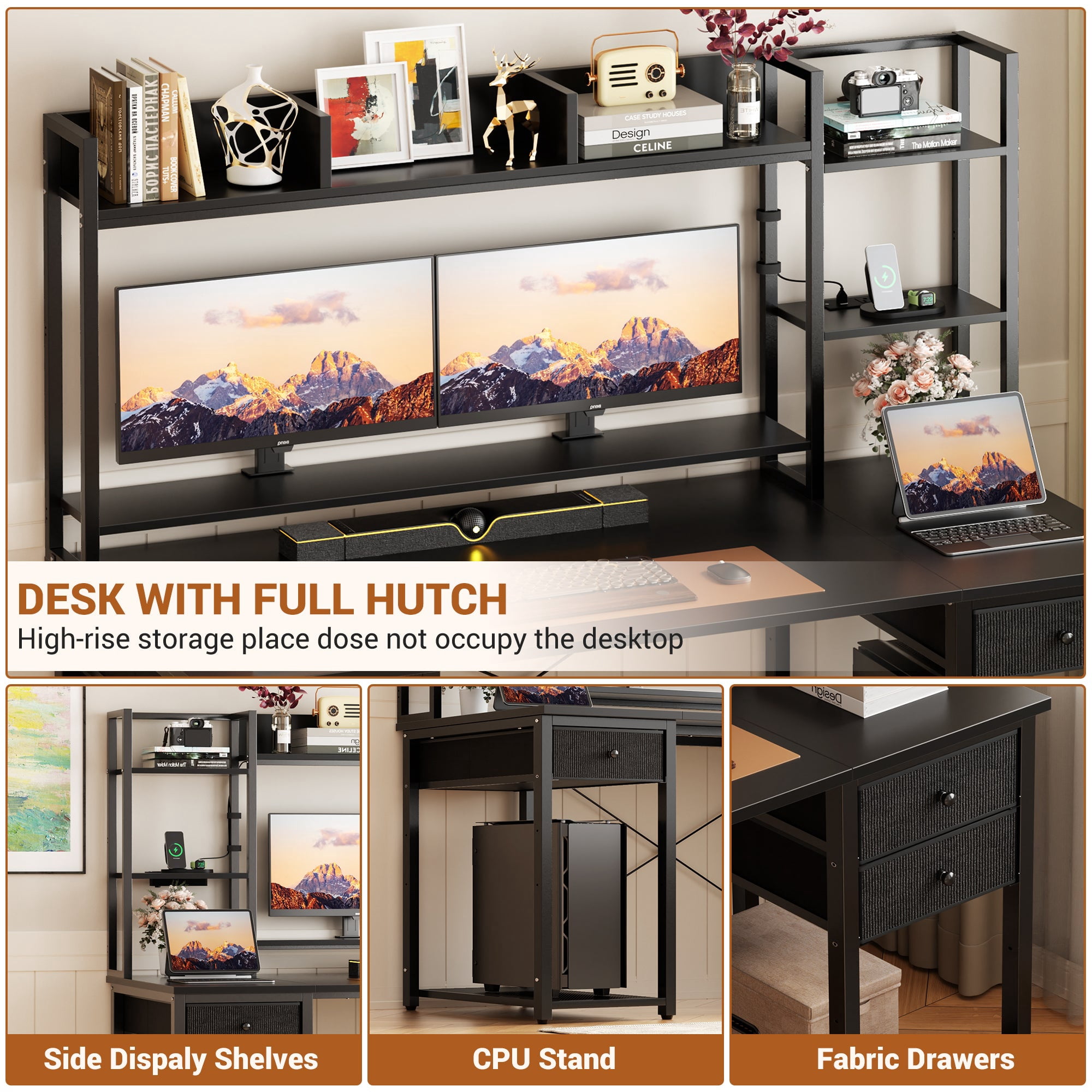 Homieasy Desk with Hutch & Power Outlets, 55.2'' Computer Gaming Desk with LED Lights and Drawers, Reversible Office Desk with Storage Shelves, Workstation Desk for Home & Office, Black