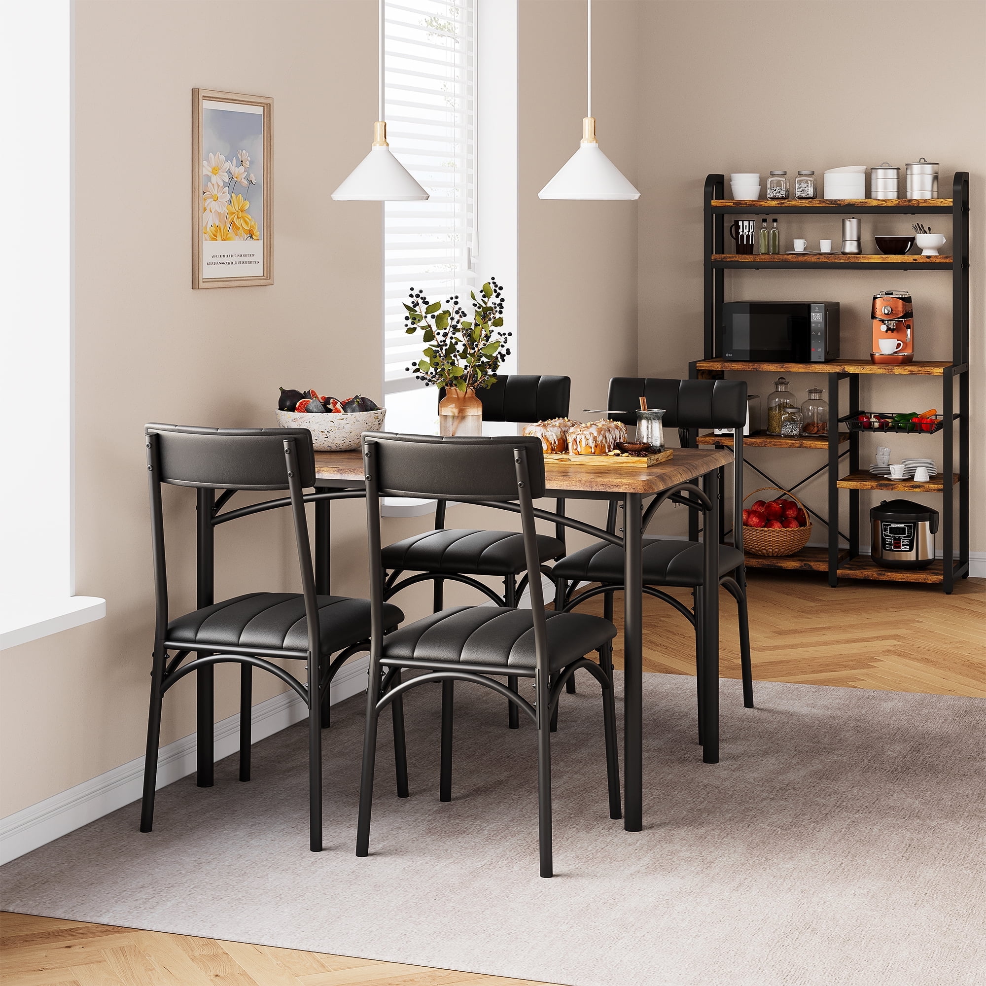 Wpond 5-Piece Dining Table Set, Rustic Brown Steel Frame with 4 Cushioned Chairs, Kitchen