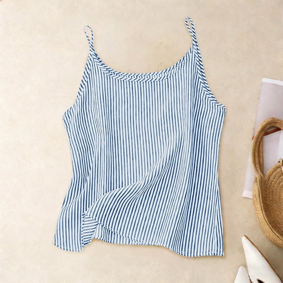 MYAOYI Plus Size Women's Cotton Linen Spaghetti Strap Camisole Top Vertical Striped Loose Fit Summer Casual Cami Tank Top