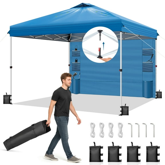 Ktaxon 10x10 Ez Pop Up Canopy Tent,Outdoor Sun Shade Shelter,Outdoor Gazebo,One Push Setup with Pockets Sidewall,1 Roller Bag,4 Sandbags,UPF50  - Blue
