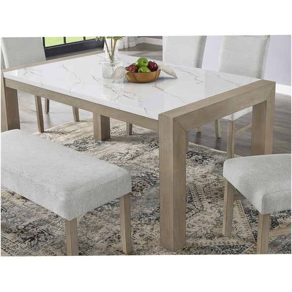 66" White Faux Marble Dining Table with Light Oak Wood Base, Modern Farmhouse Kitchen Table for 6