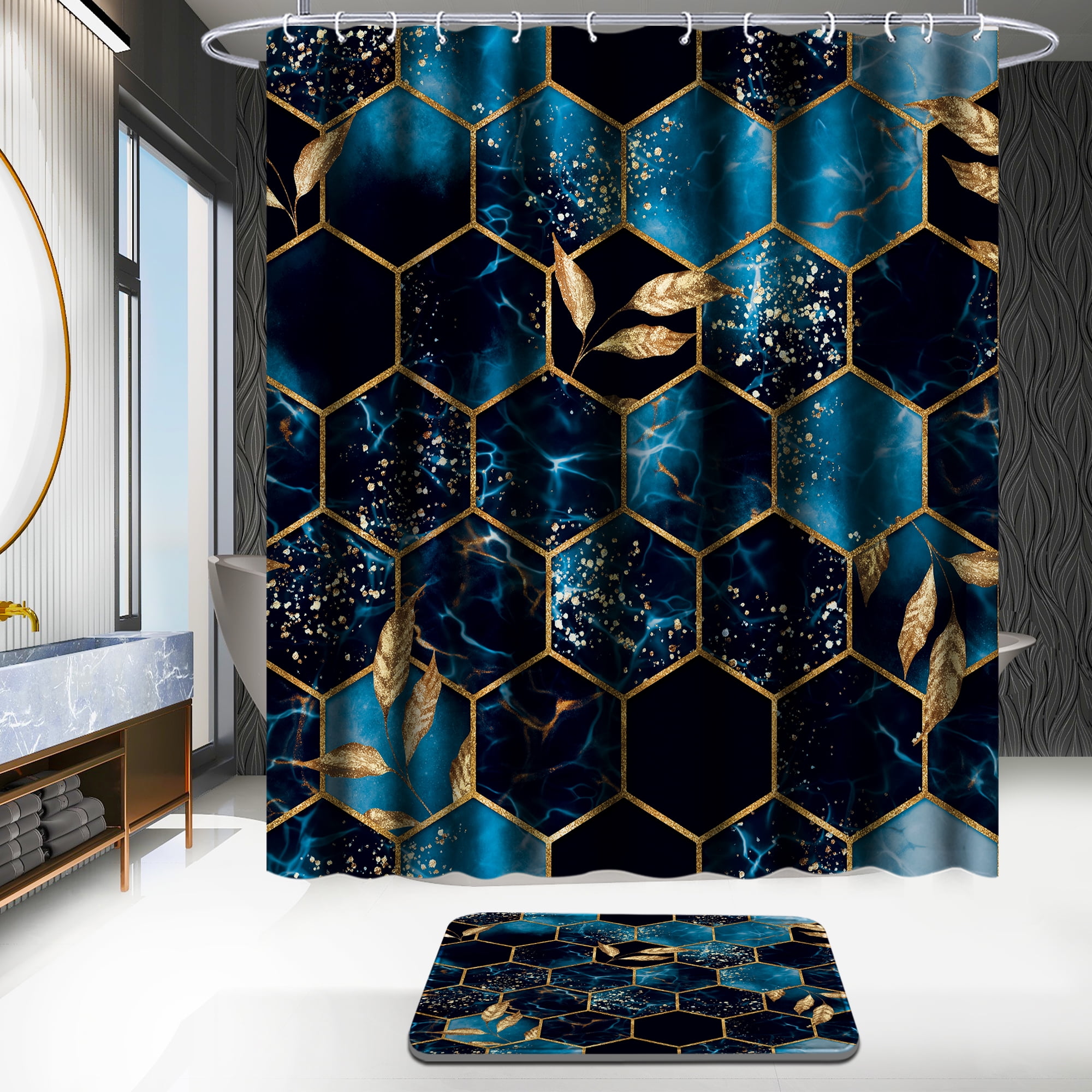 Poedist 4Pcs Marble Bathroom Sets with Shower Curtain and Rugs, Marble Shower Curtain Set with Non-Slip Rugs,Toilet Lid Cover,Bath Mat and 12 Hooks,71 x 71 Inch, SKY Blue Honeycomb Marble