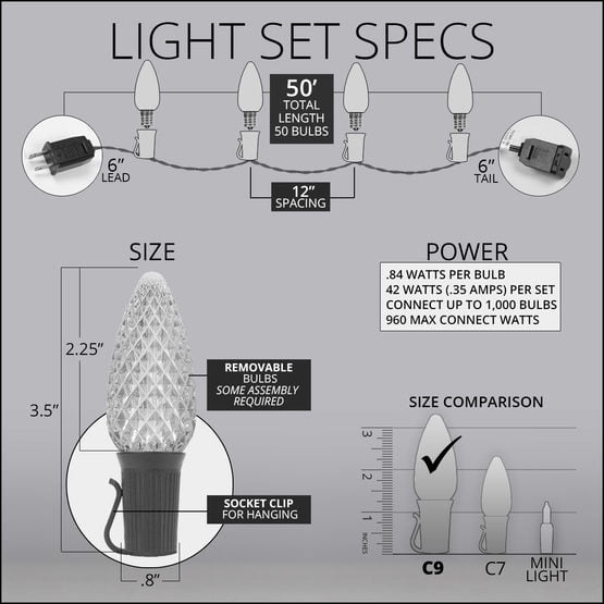 Set of 50 OptiCore LED Orange C9 String Lights with Shatterproof Bulbs for Halloween Displays Party Decoration, 50', Indoor Outdoor Black Wire