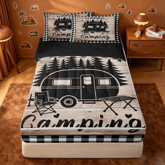 catabedysis Plaid Camping Zipper Twin Comforter Sets with Fitted Sheet and 2 Pillowcases,Camper Silhouette Print Zipper Bedding Set For Boys,Multicolor,Black Reversible,4-Piece