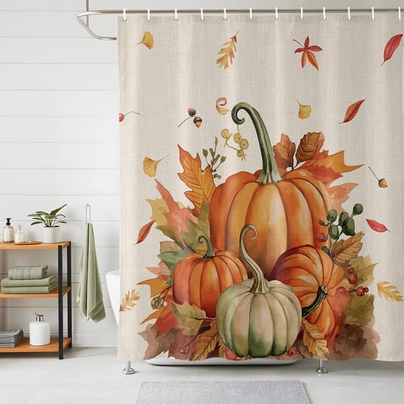 Shower Curtains for Bathroom, Thanksgiving Fall Waterproof Fabric Shower Curtain, Pumpkin Harvest Orange Maple Leaf Rustic Decorative Bathroom Curtain for Bathtub, 36"x72", No Hooks Included