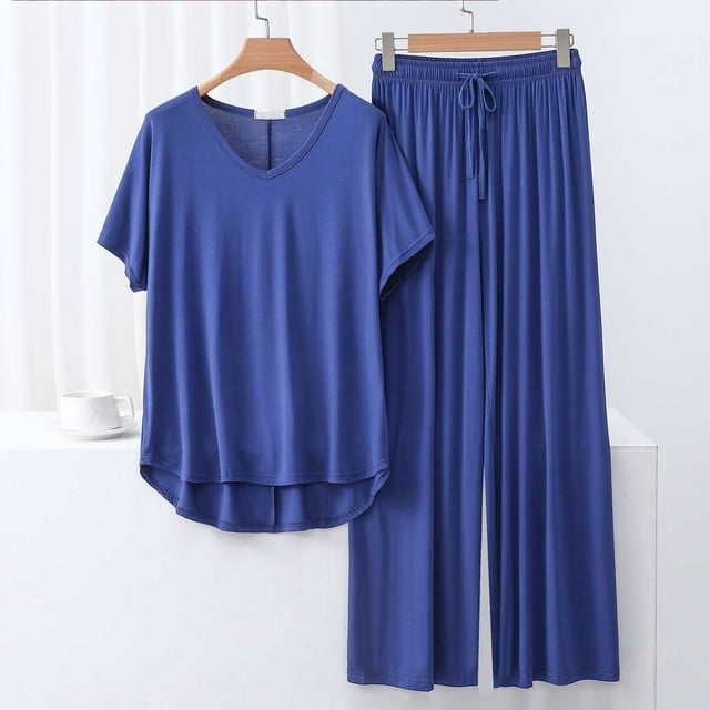 TACILIP Ensembles 2 Pcs pour Femmes Ensembles de Détente d'Été Tenues T-Shirt à Manches Longues à Col en V Hauts Pantalons à Jambes Larges Pyjamas pour Femmes Ensemble