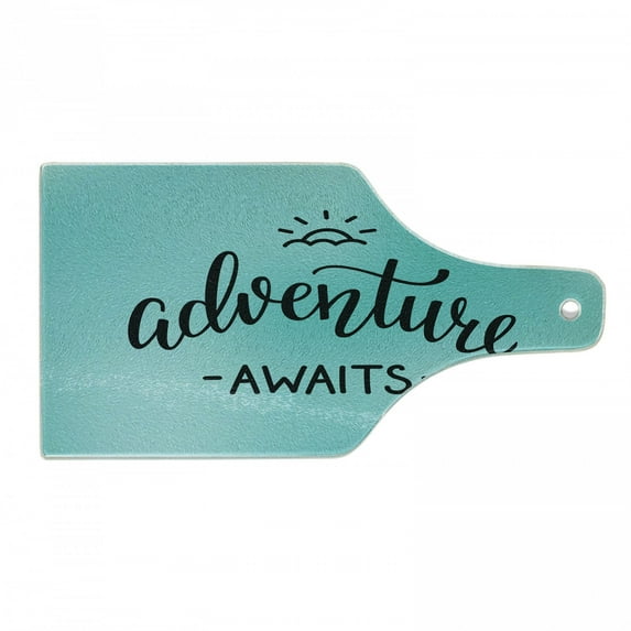 Adventure Cutting Board, Monochrome Simplistic Lettering on a Abstract Pale Blue Backdrop, Tempered Glass Cutting and Serving Board, Wine Bottle Shape, Charcoal Grey and Turquoise, by Ambesonne