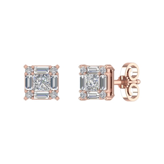 1/2 Carat Prong Set Round, Princess & Baguette Shape Diamond Stud Earrings in 14K Rose Gold