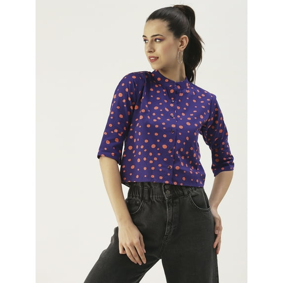 DressBerry Women's Printed Cotton Poplin Buttoned Front 3/4th Sleeves Crop Top Mandarin Collar Flared Casual Summer Wear High Waist Regular Short Shirt