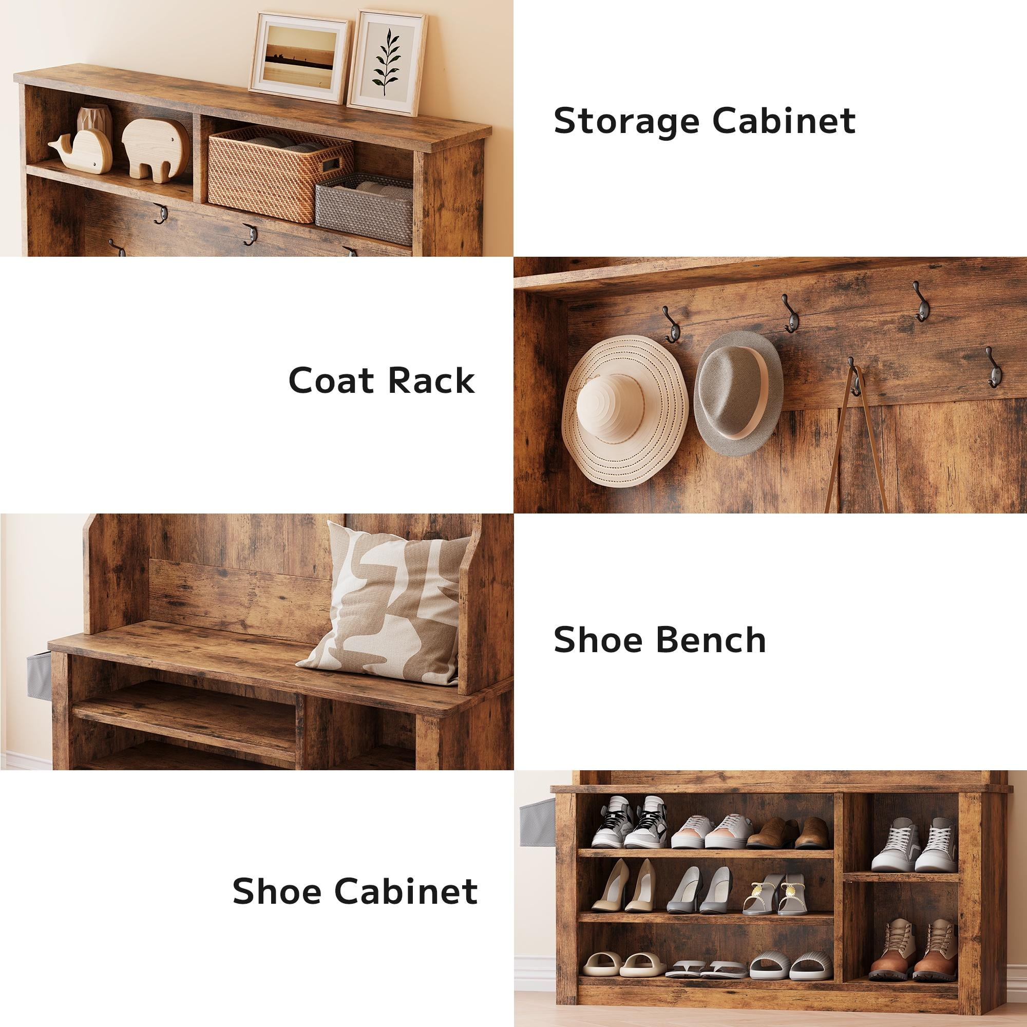 Asofer Modern Hall Tree with Shoe Storage, Front Entryway Furniture, Mudroom Bench with Coat Rack, Retro