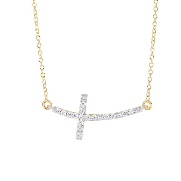 14K Yellow Gold 0.22ct Side Cross Necklace with Long Curved Side way Cross 18"