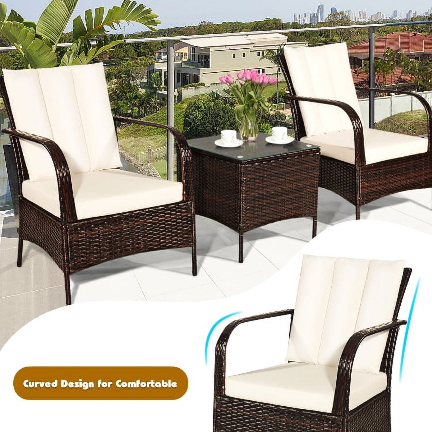 Aimee Lii 3 Pcs Patio Conversation Rattan Furniture Set, Small Patio Set with Glass Top Coffee Table and Cushions, White Aimee Lii 3 Pcs Patio Conversation Rattan Furniture Set, Small Patio Set with Glass Top Coffee Table and Cushions, White